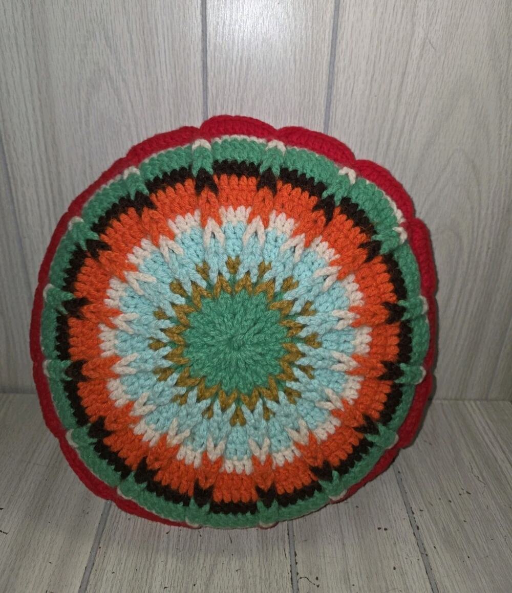 Vtg Hand Crochet Double Sided Scalloped Granny Round Muti Color Throw Pillow 11"